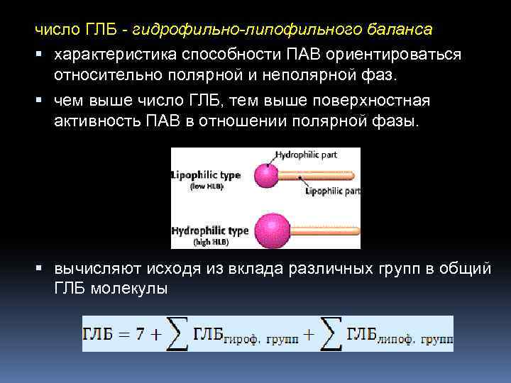 число ГЛБ - гидрофильно-липофильного баланса характеристика способности ПАВ ориентироваться относительно полярной и неполярной фаз.