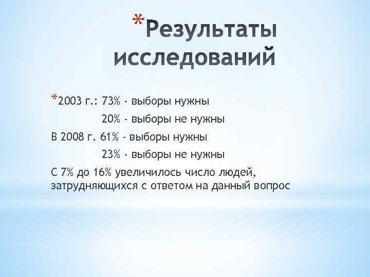 * *2003 г. : 73% - выборы нужны 20% - выборы не нужны В