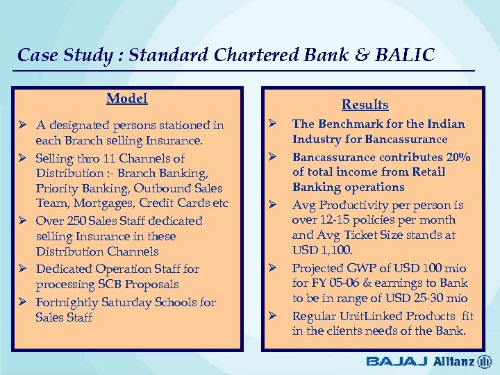Case Study : Standard Chartered Bank & BALIC Model Ø A designated persons stationed