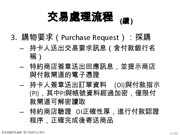 交易處理流程 (續 ) 3. 購物要求（Purchase Request）：採購 – 持卡人送出交易要求訊息（含付款銀行名 稱） – 特約商店簽章送出回應訊息，並提示商店 與付款閘道的電子憑證 – 持卡人簽章送出訂單資料