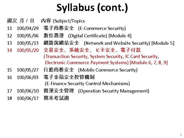 Syllabus (cont. ) 週次 月／日 內容（ Subject/Topics 11 100/04/29 電子商務安全 (E-Commerce Security) 12 100/05/06
