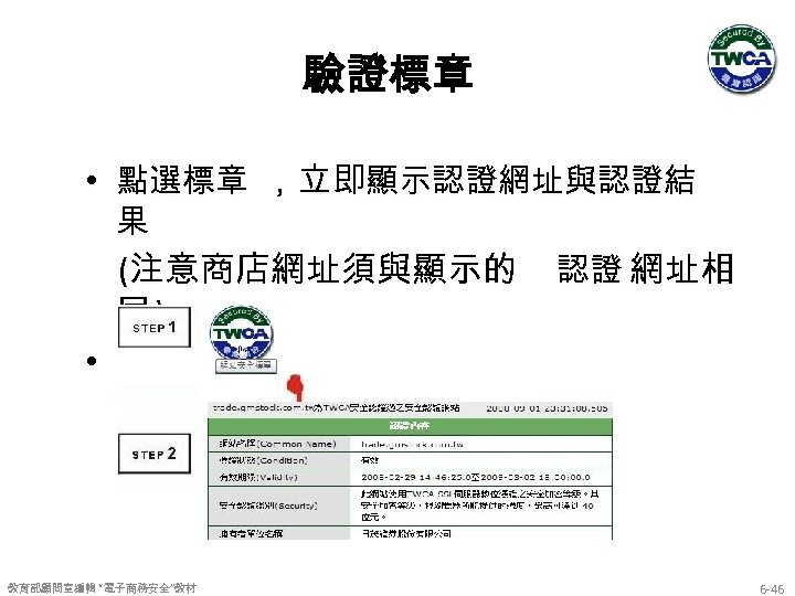 驗證標章 • 點選標章 ，立即顯示認證網址與認證結 果 (注意商店網址須與顯示的 認證 網址相 同) • 實例：資料來源擷取自日茂證券 教育部顧問室編輯 “電子商務安全”教材 6