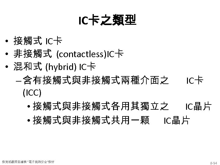 IC卡之類型 • 接觸式 IC卡 • 非接觸式 (contactless)IC卡 • 混和式 (hybrid) IC卡 – 含有接觸式與非接觸式兩種介面之 IC卡