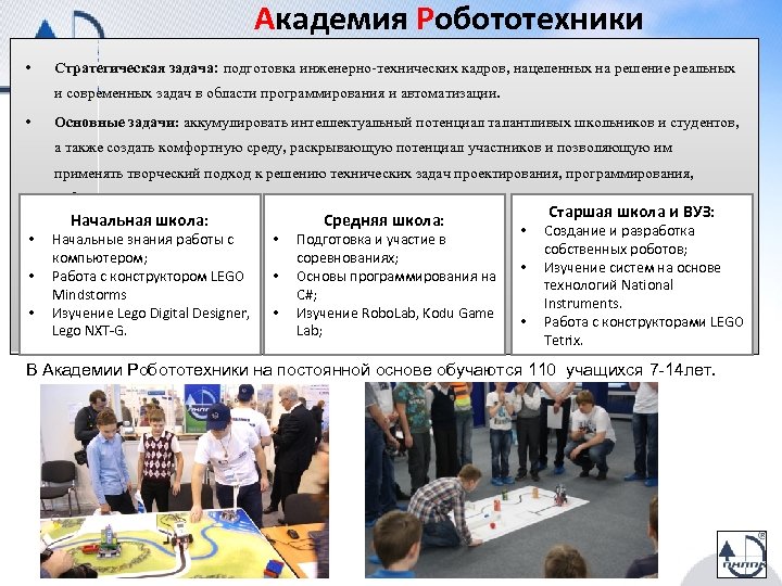 Академия Робототехники • Стратегическая задача: подготовка инженерно-технических кадров, нацеленных на решение реальных и современных