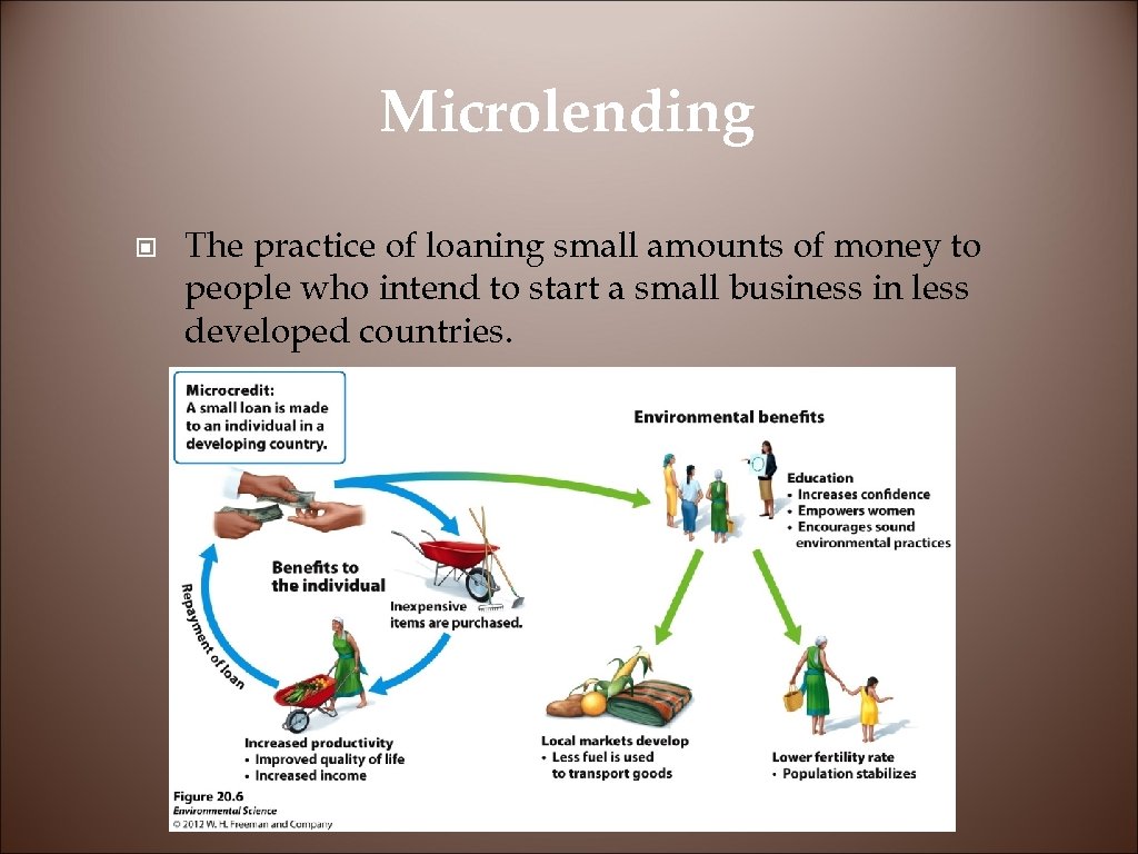 Microlending © The practice of loaning small amounts of money to people who intend