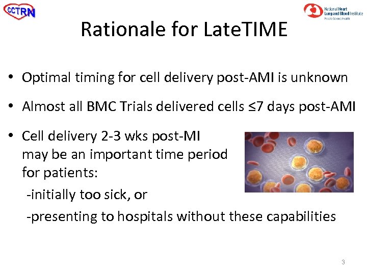 Rationale for Late. TIME • Optimal timing for cell delivery post-AMI is unknown •