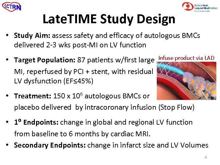 Late. TIME Study Design • Study Aim: assess safety and efficacy of autologous BMCs