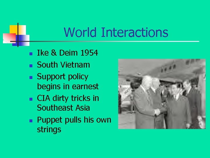 World Interactions n n n Ike & Deim 1954 South Vietnam Support policy begins