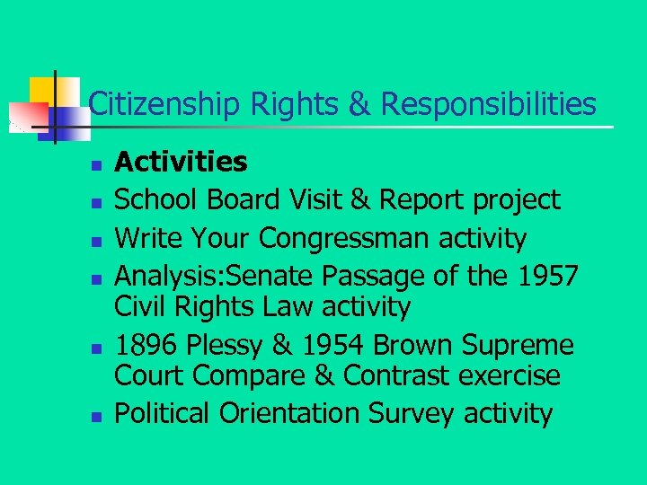 Citizenship Rights & Responsibilities n n n Activities School Board Visit & Report project