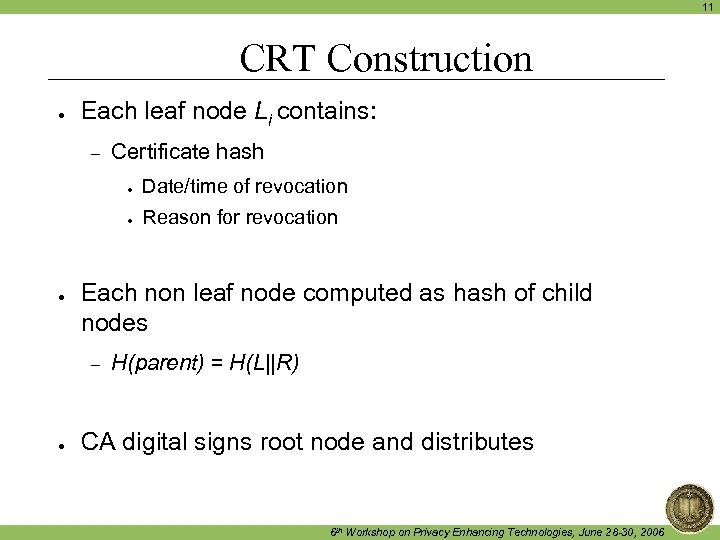11 CRT Construction ● Each leaf node Li contains: – Certificate hash ● ●