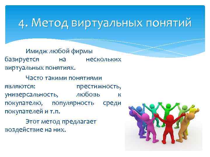 4. Метод виртуальных понятий Имидж любой фирмы базируется на нескольких виртуальных понятиях. Часто такими