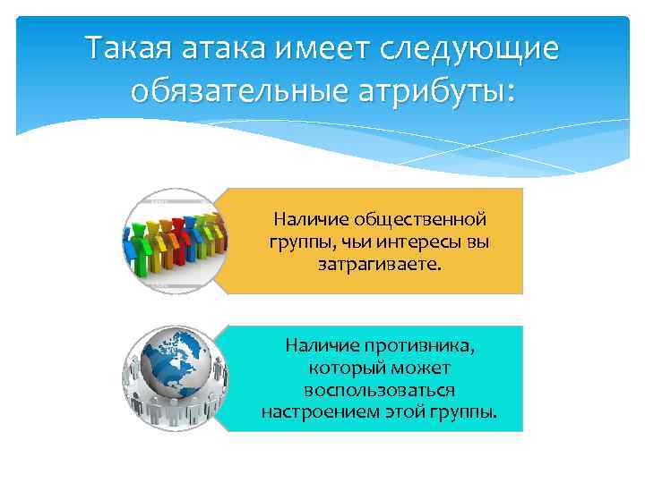 Такая атака имеет следующие обязательные атрибуты: Наличие общественной группы, чьи интересы вы затрагиваете. Наличие