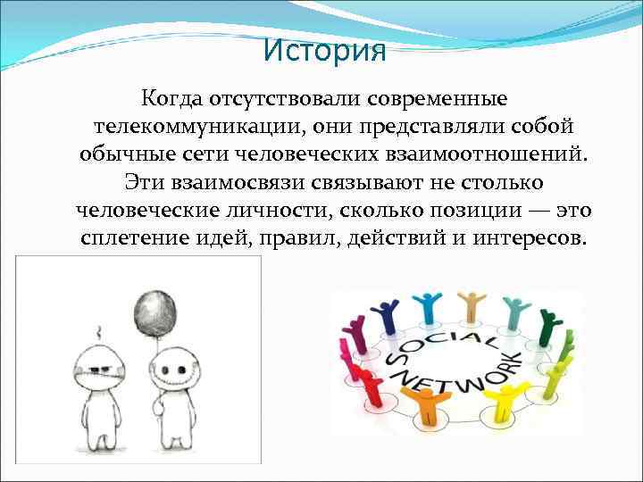 История Когда отсутствовали современные телекоммуникации, они представляли собой обычные сети человеческих взаимоотношений. Эти взаимосвязи