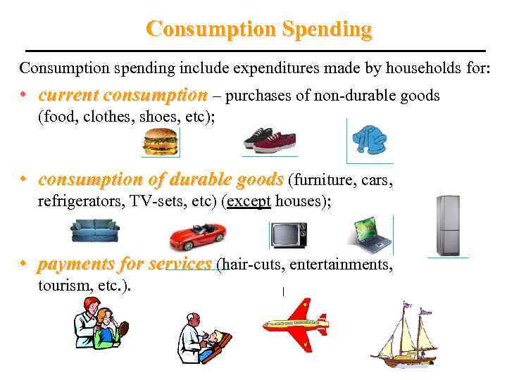 Consumption Spending Consumption spending include expenditures made by households for: • current consumption –