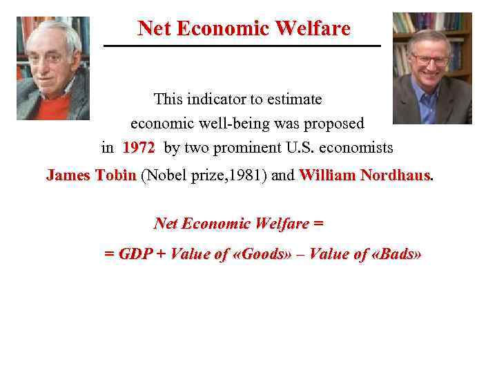 Net Economic Welfare This indicator to estimate economic well-being was proposed in 1972 by