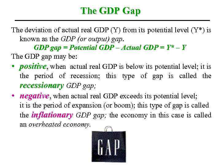 The GDP Gap The deviation of actual real GDP (Y) from its potential level