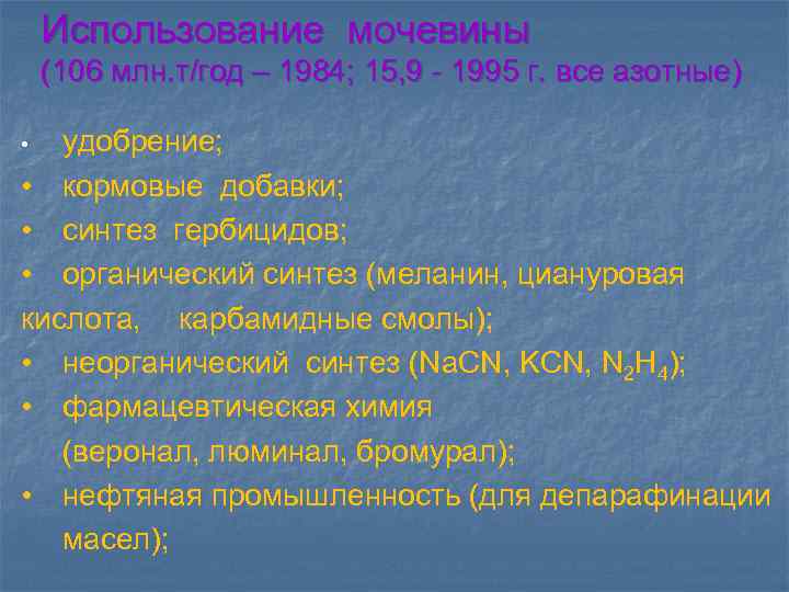 Использование мочевины (106 млн. т/год – 1984; 15, 9 - 1995 г. все азотные)