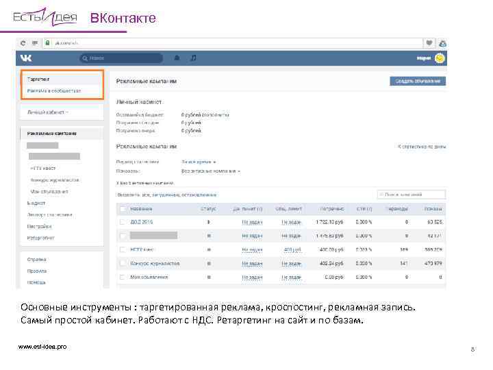 ВКонтакте Основные инструменты : таргетированная реклама, кроспостинг, рекламная запись. Самый простой кабинет. Работают с