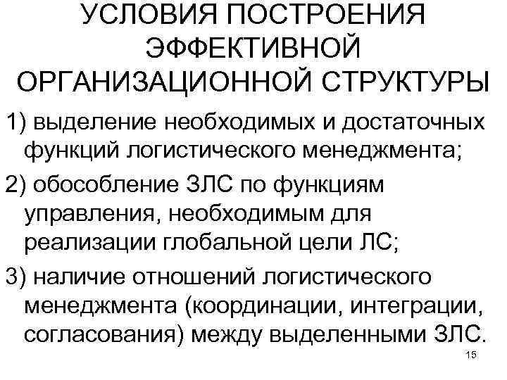 УСЛОВИЯ ПОСТРОЕНИЯ ЭФФЕКТИВНОЙ ОРГАНИЗАЦИОННОЙ СТРУКТУРЫ 1) выделение необходимых и достаточных функций логистического менеджмента; 2)