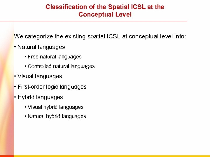 Classification of the Spatial ICSL at the Conceptual Level We categorize the existing spatial