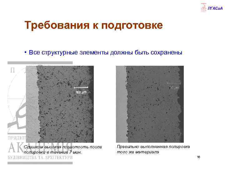 Требования к подготовке • Все структурные элементы должны быть сохранены Слишком высокая пористость после