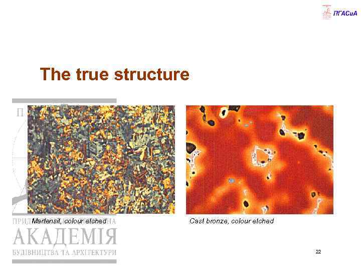 The true structure Martensit, colour etched Cast bronze, colour etched 22 
