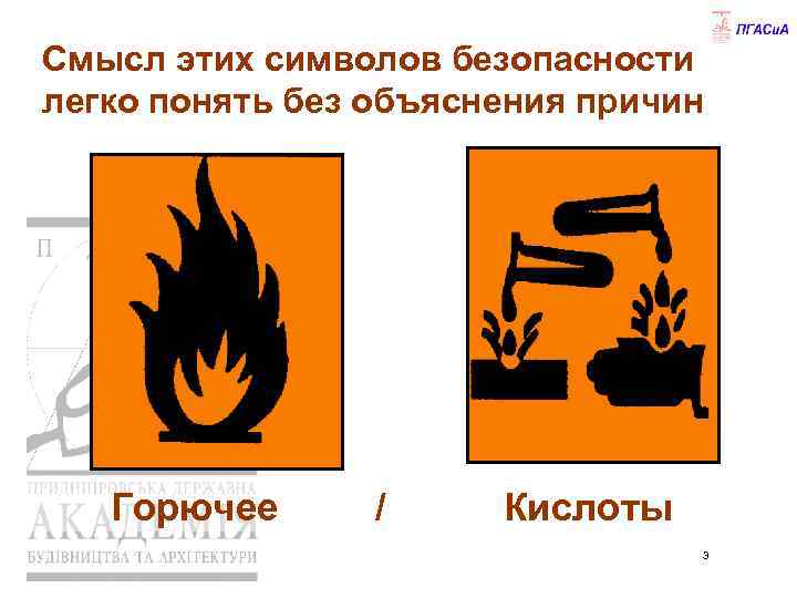 Смысл этих символов безопасности легко понять без объяснения причин Горючее / Кислоты 3 