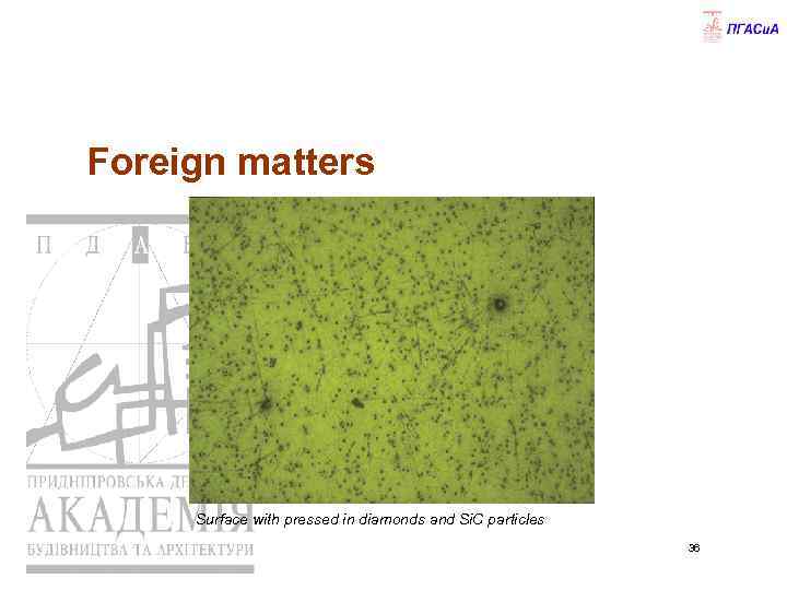 Foreign matters Surface with pressed in diamonds and Si. C particles 36 