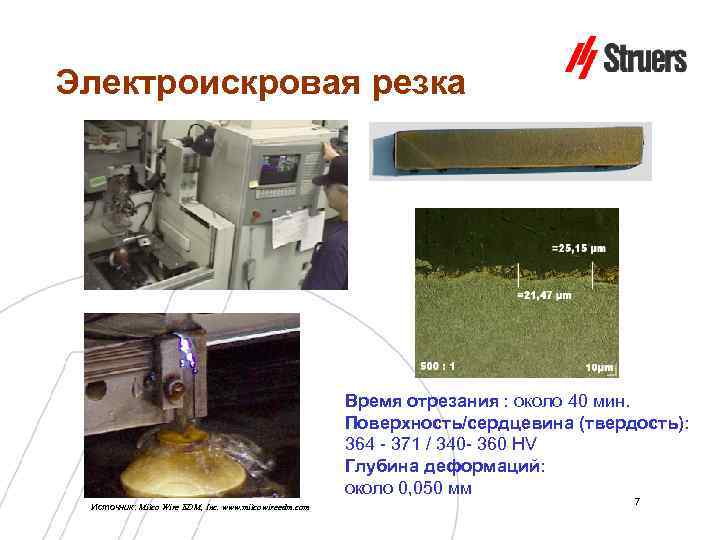 Электроискровая резка Время отрезания : около 40 мин. Поверхность/сердцевина (твердость): 364 - 371 /