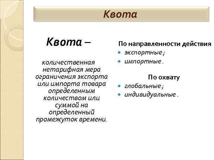 Квота – количественная нетарифная мера ограничения экспорта или импорта товара определенным количеством или суммой