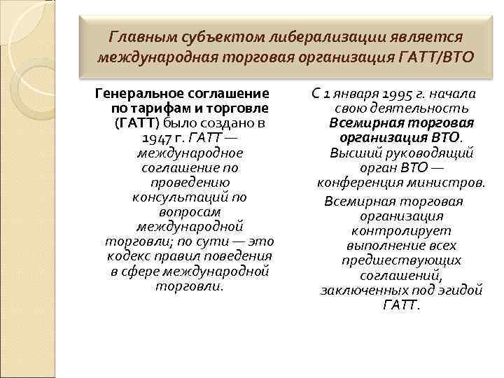 Главным субъектом либерализации является международная торговая организация ГАТТ/ВТО Генеральное соглашение по тарифам и торговле