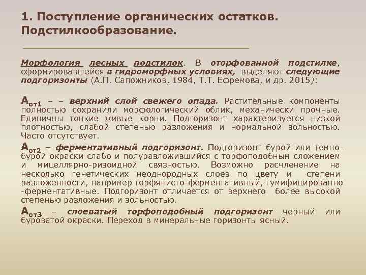 1. Поступление органических остатков. Подстилкообразование. Морфология лесных подстилок. В оторфованной подстилке, сформировавшейся в гидроморфных