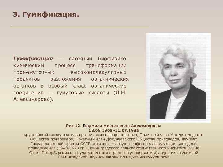 3. Гумификация — сложный биофизико химический процесс трансформации промежуточных высокомолекулярных продуктов разложения орга нических