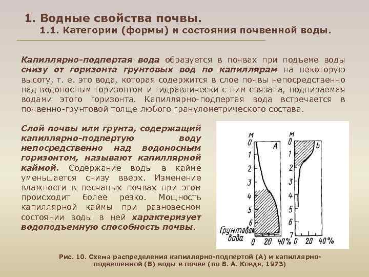 1. Водные свойства почвы. 1. 1. Категории (формы) и состояния почвенной воды. Капиллярно-подпертая вода