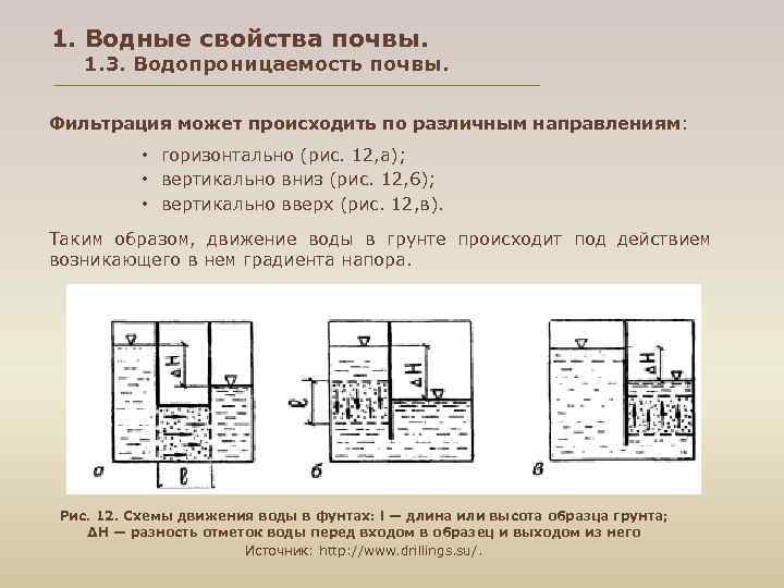 1. Водные свойства почвы. 1. 3. Водопроницаемость почвы. Фильтрация может происходить по различным направлениям: