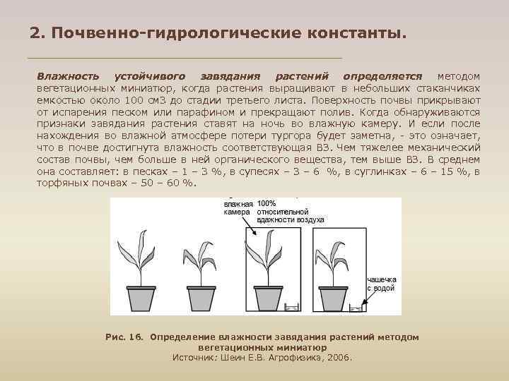 2. Почвенно-гидрологические константы. Влажность устойчивого завядания растений определяется методом вегетационных миниатюр, когда растения выращивают