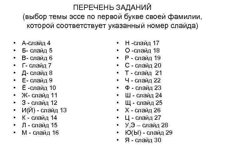 ПЕРЕЧЕНЬ ЗАДАНИЙ (выбор темы эссе по первой букве своей фамилии, которой соответствует указанный номер