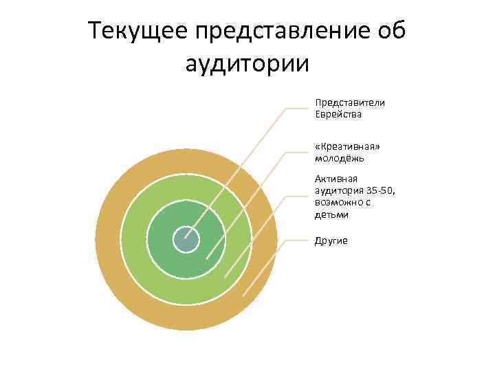 Текущее представление об аудитории Представители Еврейства «Креативная» молодёжь Активная аудитория 35 -50, возможно с