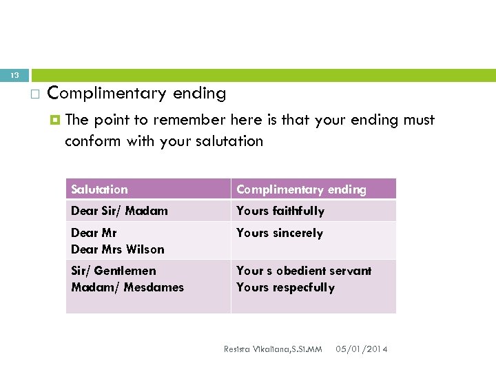 13 Complimentary ending The point to remember here is that your ending must conform