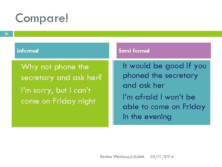 Compare! 24 informal Semi formal Why not phone the secretary and ask her? I’m