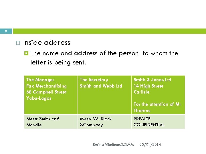 9 Inside address The name and address of the person to whom the letter