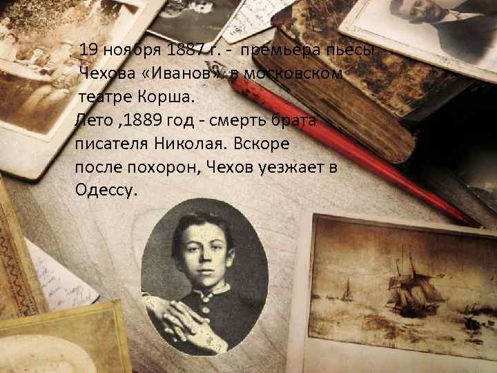 19 ноября 1887 г. - премьера пьесы Чехова «Иванов» в московском театре Корша. Лето