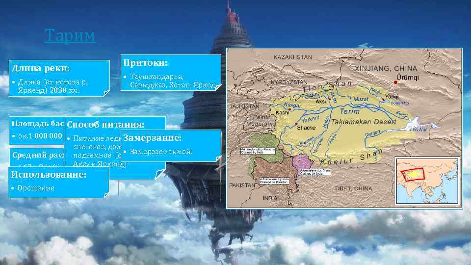 Тарим Длина реки: • Длина (от истока р. Яркенд) 2030 км. Притоки: • Таушкандарья,