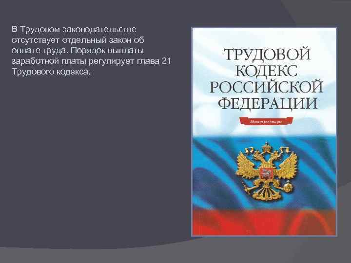 В Трудовом законодательстве отсутствует отдельный закон об оплате труда. Порядок выплаты заработной платы регулирует