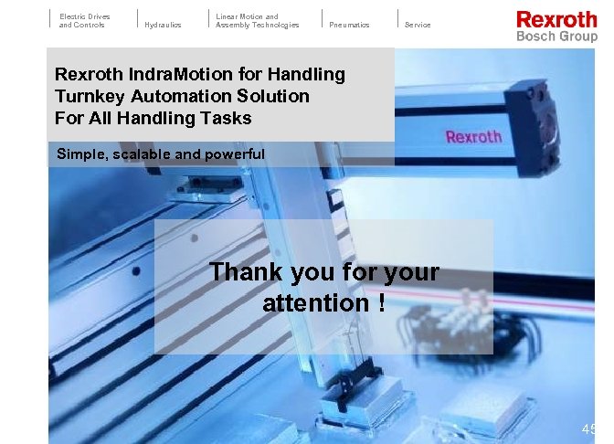 Electric Drives and Controls Hydraulics Linear Motion and Assembly Technologies Pneumatics Service Rexroth Indra.