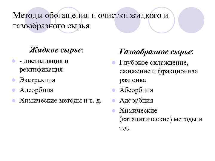 Методы обогащения и очистки жидкого и газообразного сырья Жидкое сырье: - дистилляция и ректификация