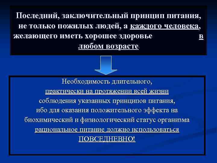 Последний, заключительный принцип питания, не только пожилых людей, а каждого человека, желающего иметь хорошее