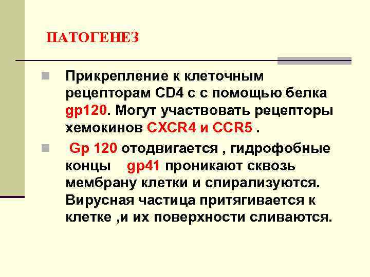 ПАТОГЕНЕЗ n n Прикрепление к клеточным рецепторам CD 4 c с помощью белка gp