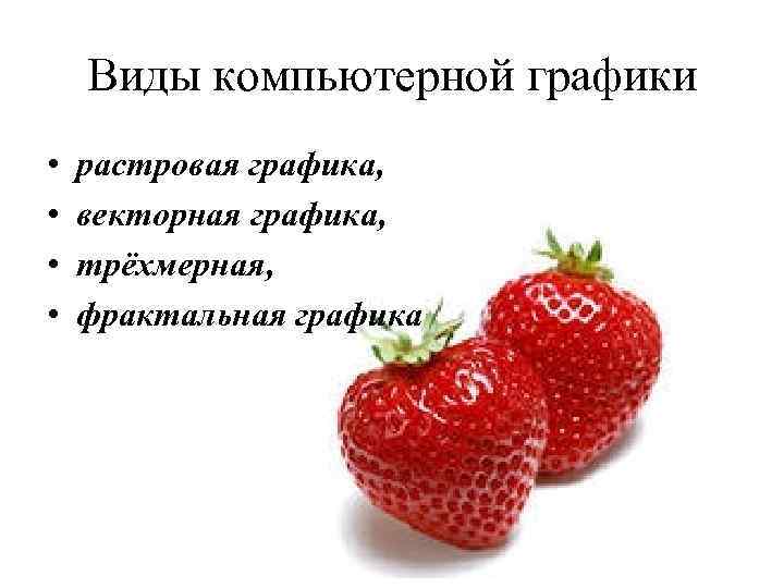 Виды компьютерной графики • • растровая графика, векторная графика, трёхмерная, фрактальная графика 