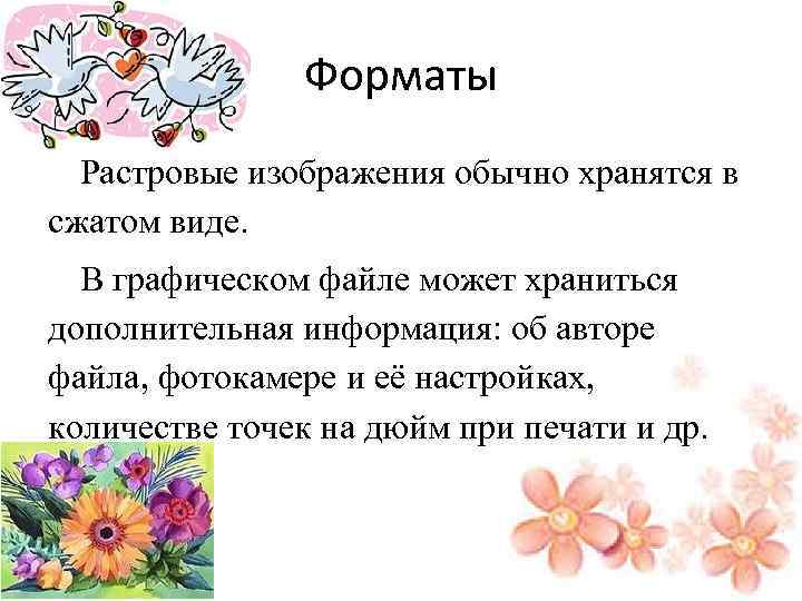 Форматы Растровые изображения обычно хранятся в сжатом виде. В графическом файле может храниться дополнительная